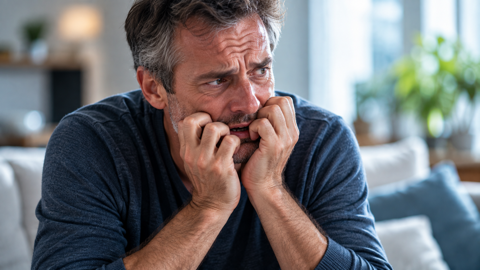 Homme anxieux recherchant une solution d’accompagnement chez TDC LASER à Ath