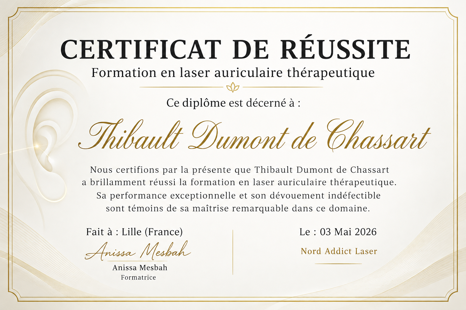 Certificat de réussite de Thibault Dumont de Chassart en laser auriculaire thérapeutique