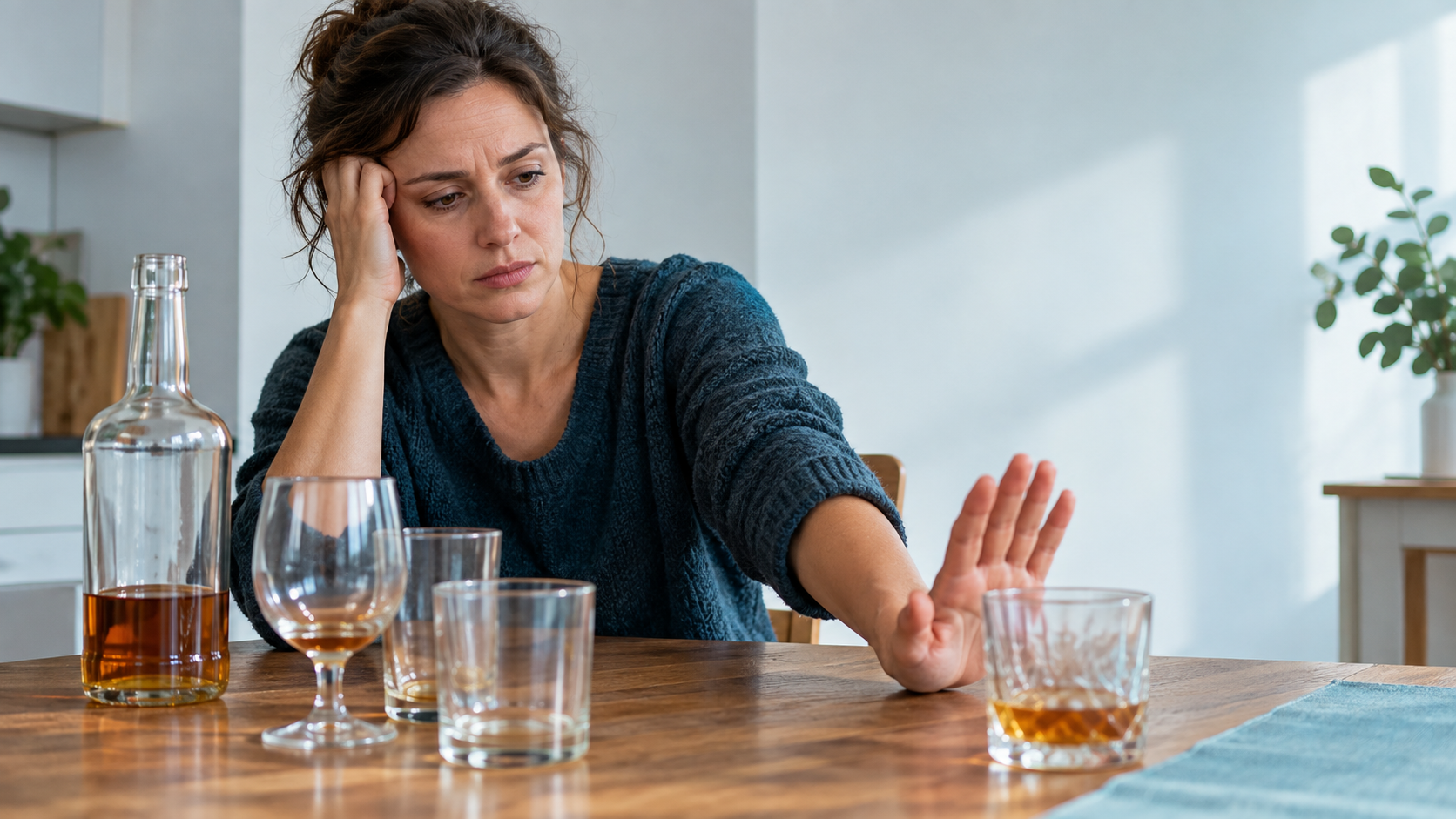 Femme décidant de repousser un verre d’alcool et de chercher une solution