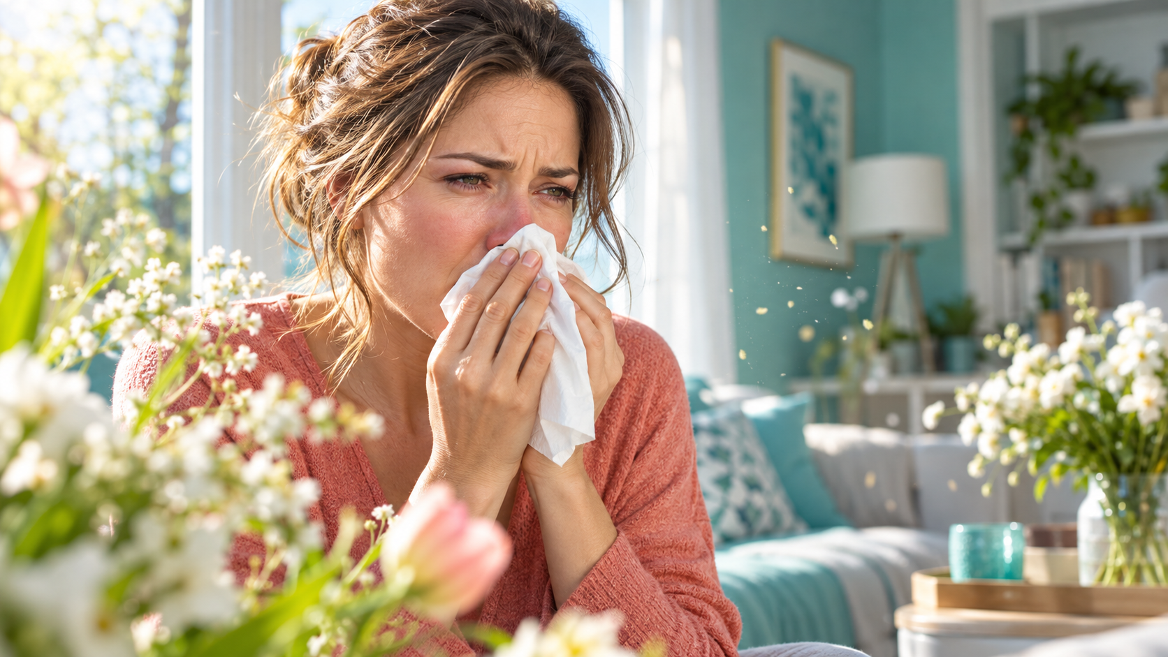 Femme gênée par des manifestations allergiques dans son quotidien